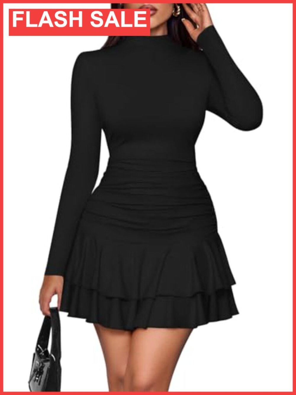 Ruffle Layered Bodycon Mini Dress Long Sleeve Mock Neck Ruched Party